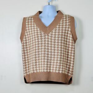 Mens Preppy Houndstooth Knit Sweater Vest M Indie Academia Scandi Nordic Y2K Tan